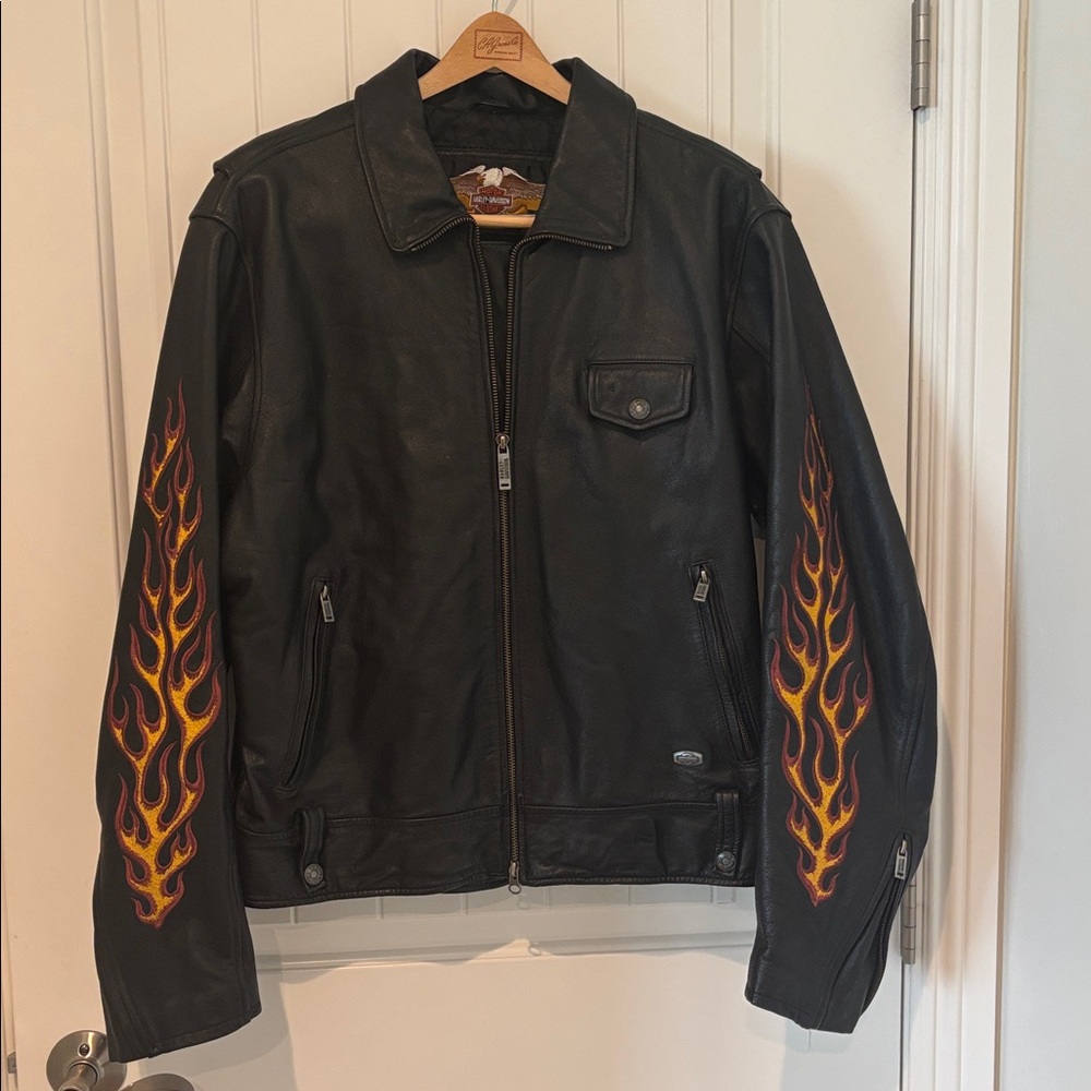 Harley-Davidson Black Leather Jacket with Flame Sleeves